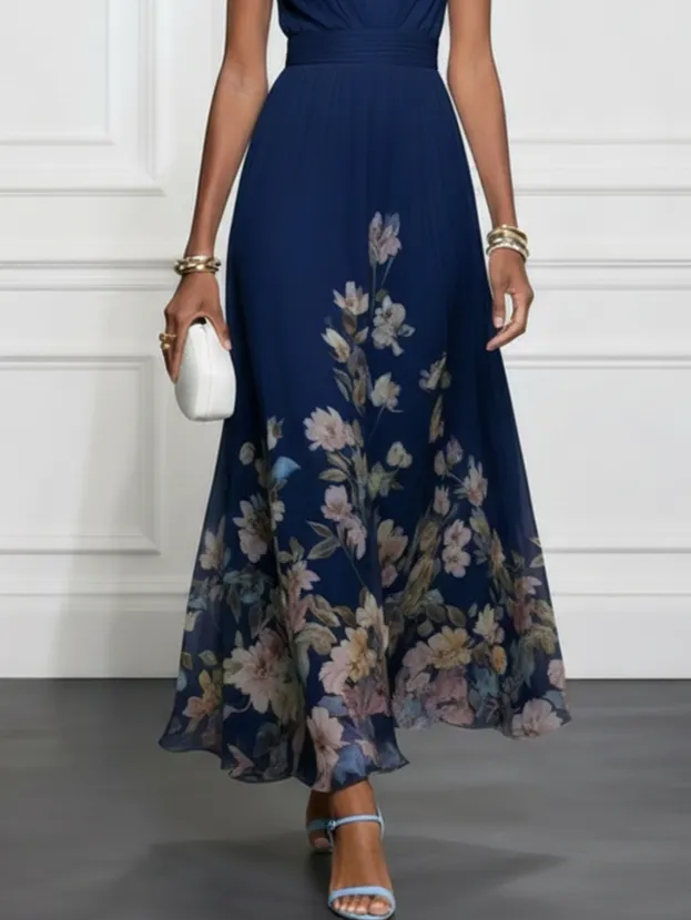 Navy Blue Floral Chiffon Halter Neck Sleeveless A-Line Maxi Dress