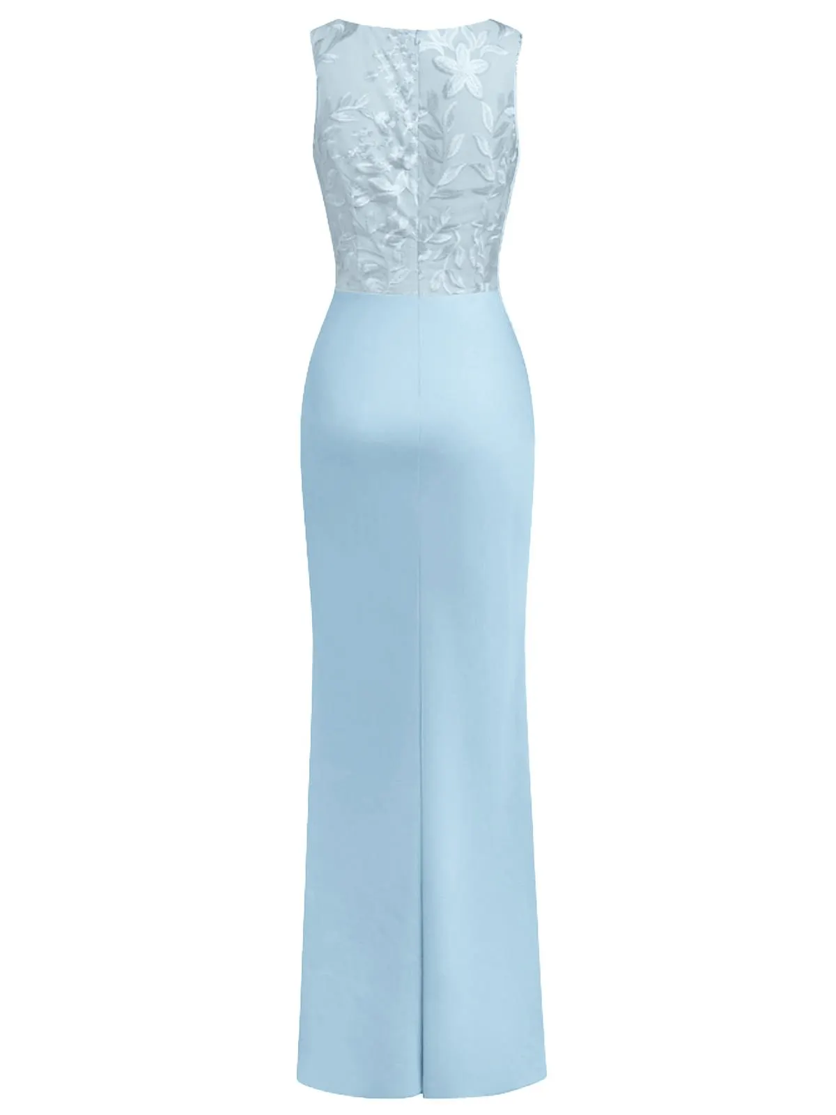 Blue Embroidery Satin Crew Neck Sleeveless Sheath Gown Dress