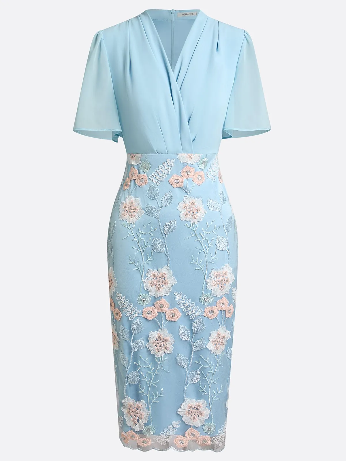 Light Blue Classic V Neck Half Sleeve Bell Sleeve Sheath Midi Dress