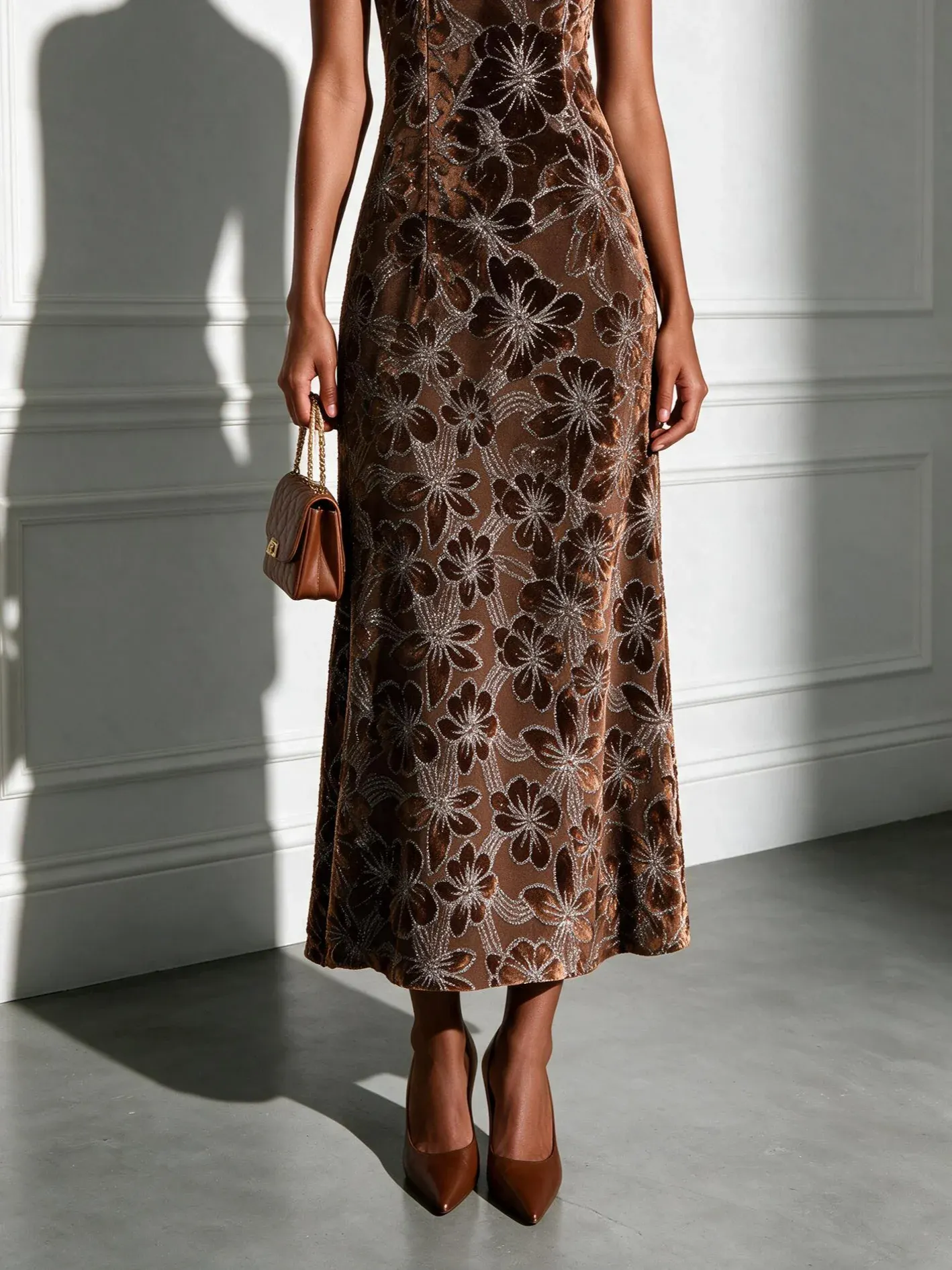 Brown Jacquard Classic Crew Neck Sleeveless A-Line Maxi Dress