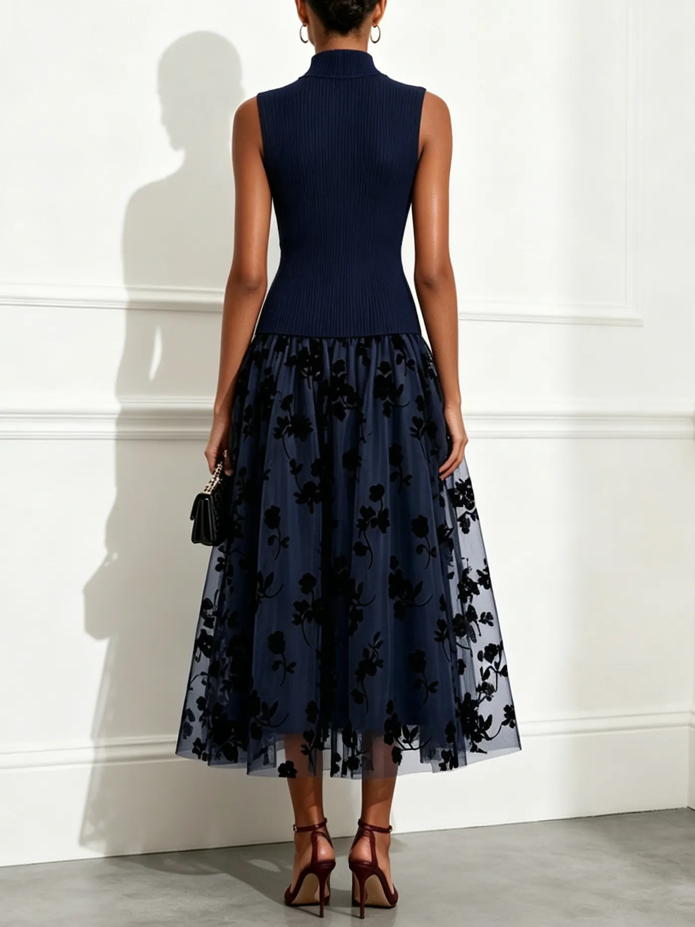 Navy Blue Flocked Knit High Neck Sleeveless A-Line Maxi Dress - Navy Blue