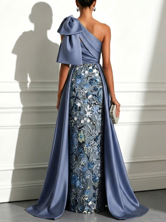 Blue Bow Satin Sequin One Shoulder Sleeveless A-Line Gown Dress