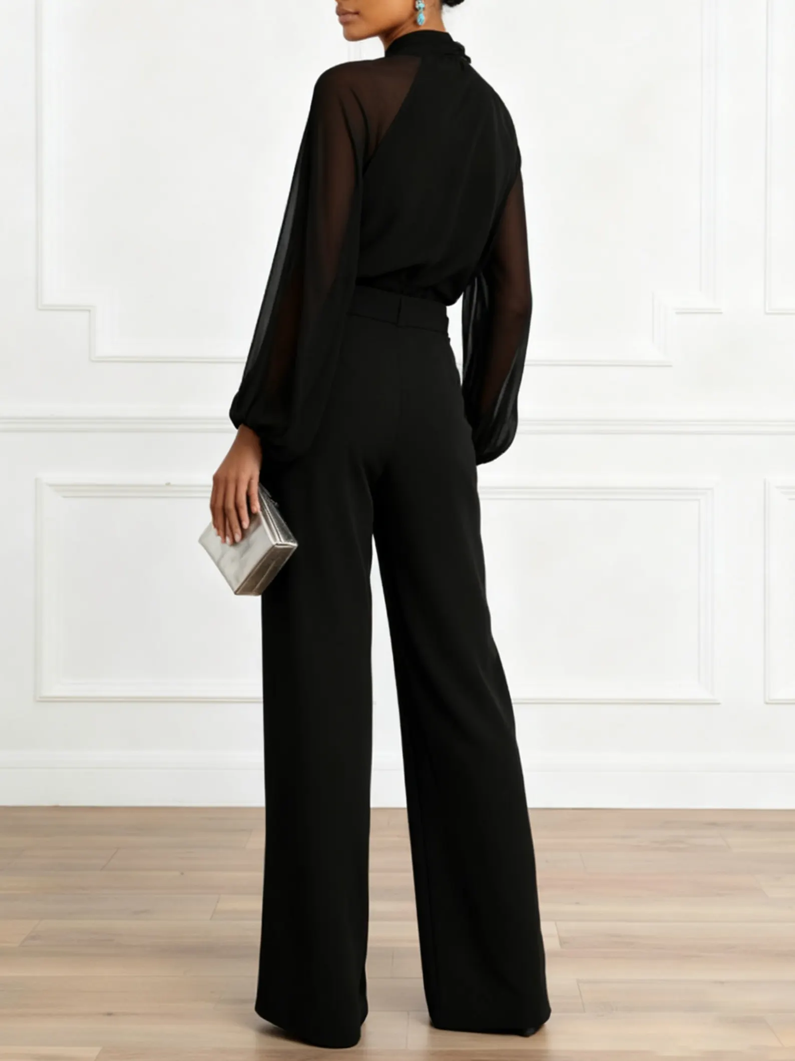 Women Black Metal Buckle Mock Neck Long Sleeve Balloon Sleeve Dressy Jumpsuit