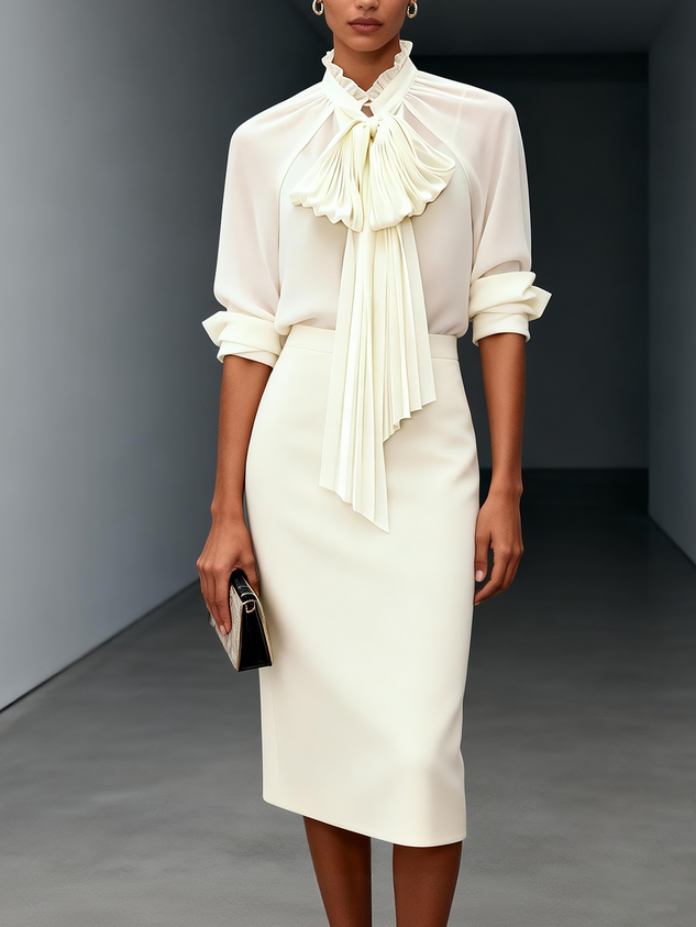 Women Beige Bow Pleated Tie Neck Elegant Top With Skirt Two-Piece Set