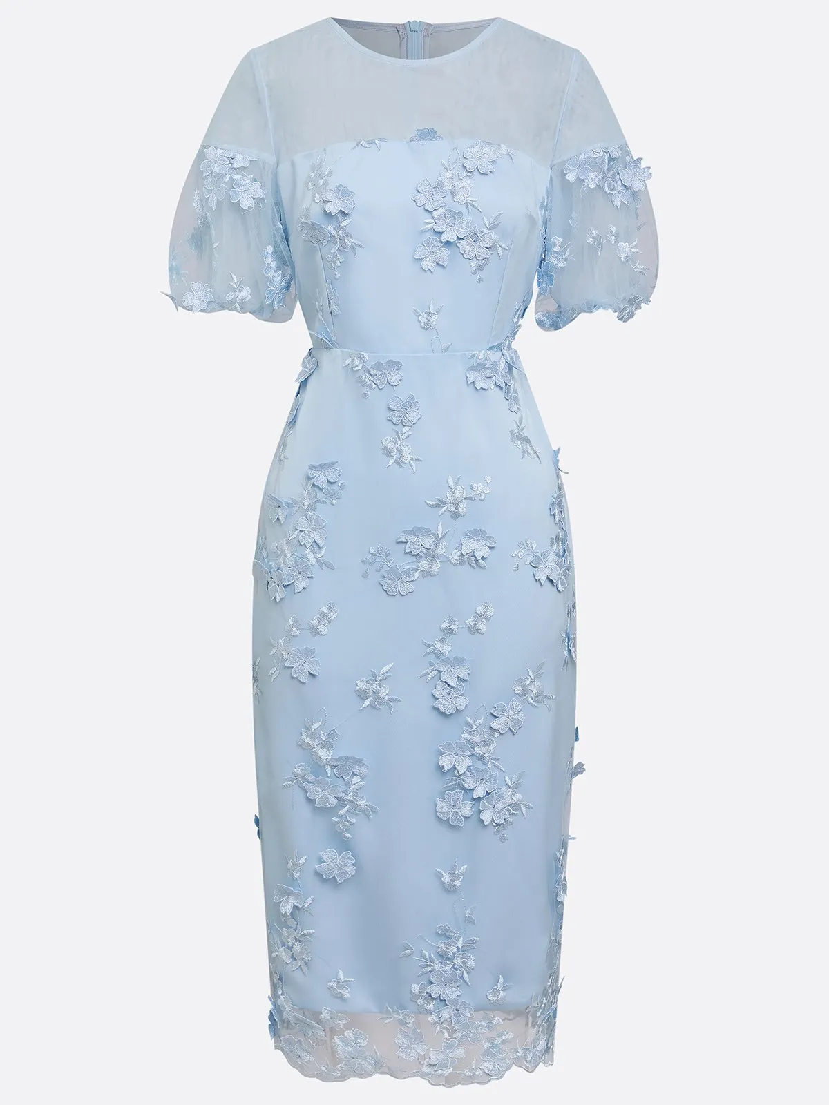 Light Blue 3D Floral Appliqué Lace Crew Neck Short Sleeve Puff Sleeve Sheath Midi Dress
