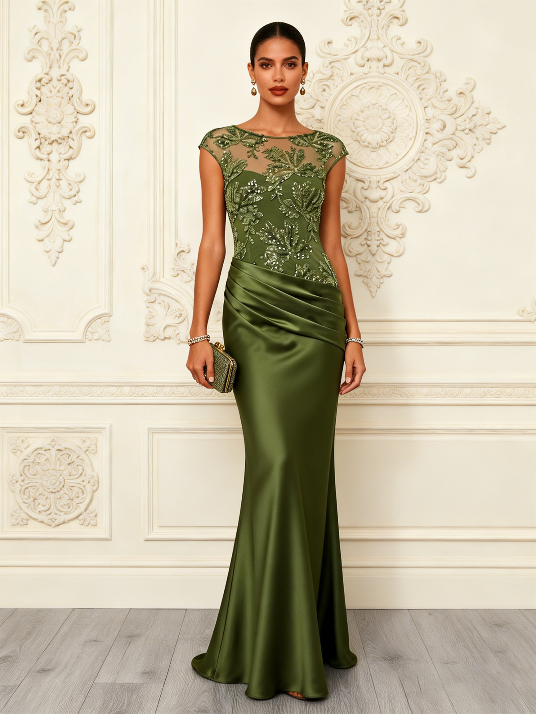 Army Green Glitter Sequin Satin Boat Neck Short Sleeve Mermaid Gown Dress