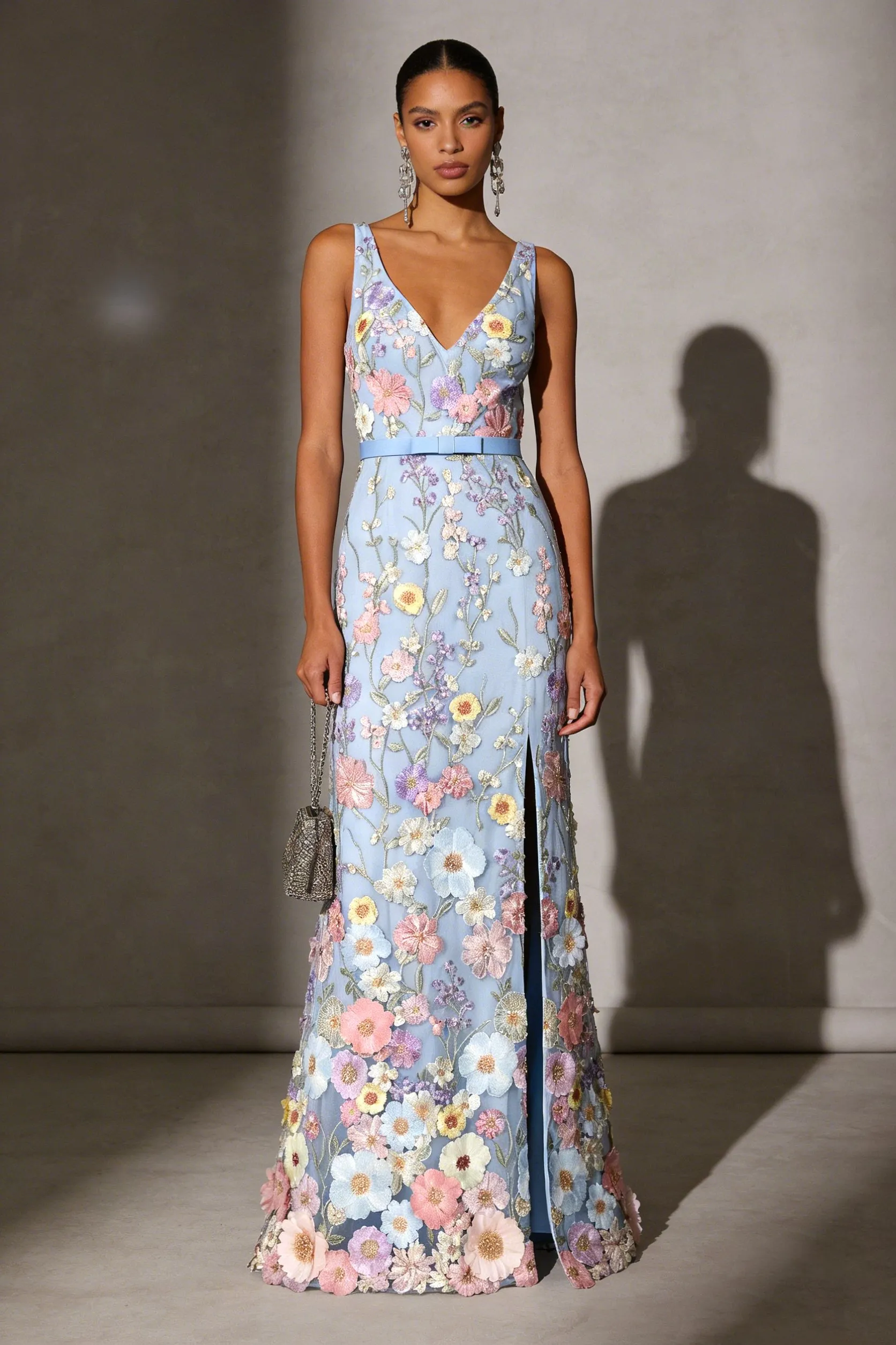 Light Blue Floral Appliqué Embroidered Classic V Neck Sleeveless A-Line Floor-length Gown Dress