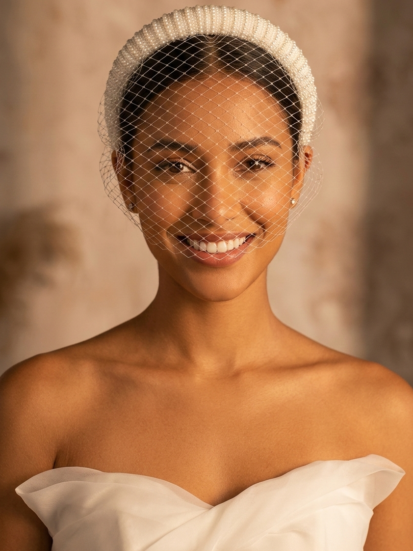 French Hepburn Style Handmade Bridal Veil, White Vintage Beaded Mesh Headband Wedding Face-covering Hair Accessory Headband (Mesh Length 22cm) - Ivory
