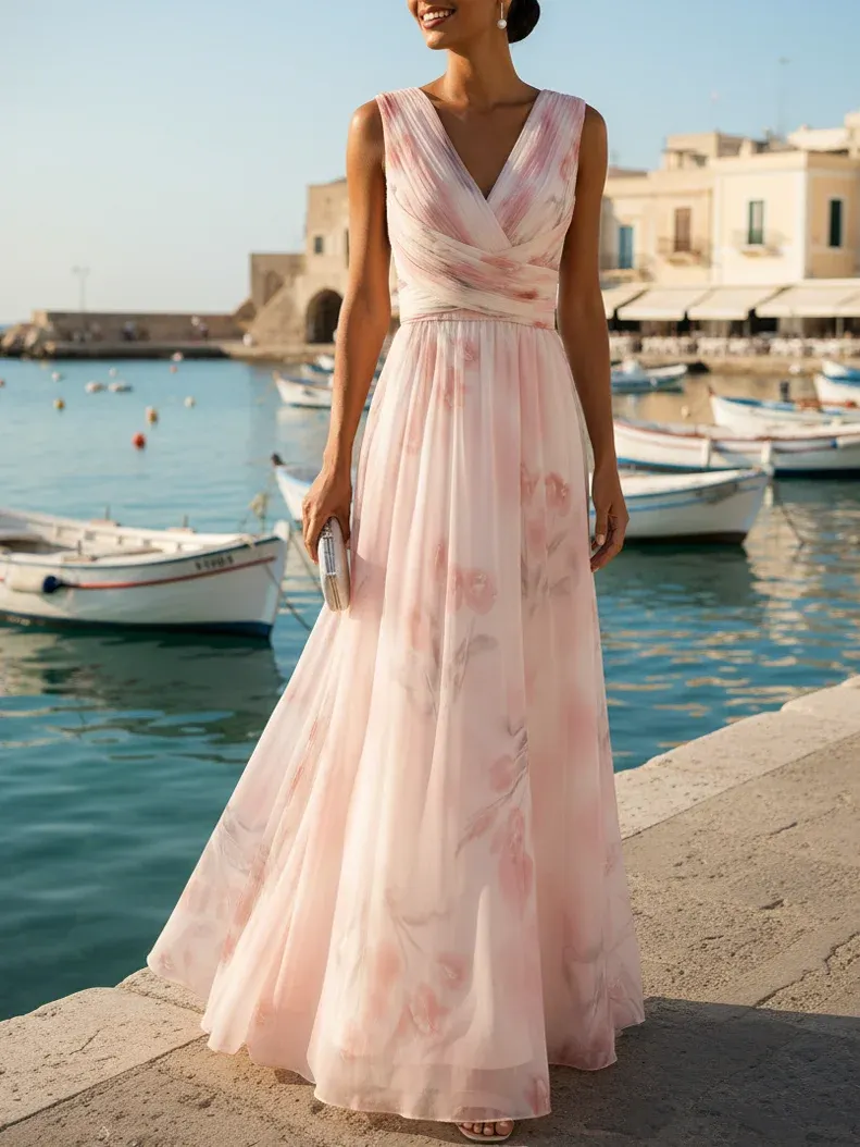 Light Pink Floral Ruched Chiffon V Neck Sleeveless A-Line Floor-length Gown Dress - Light Pink
