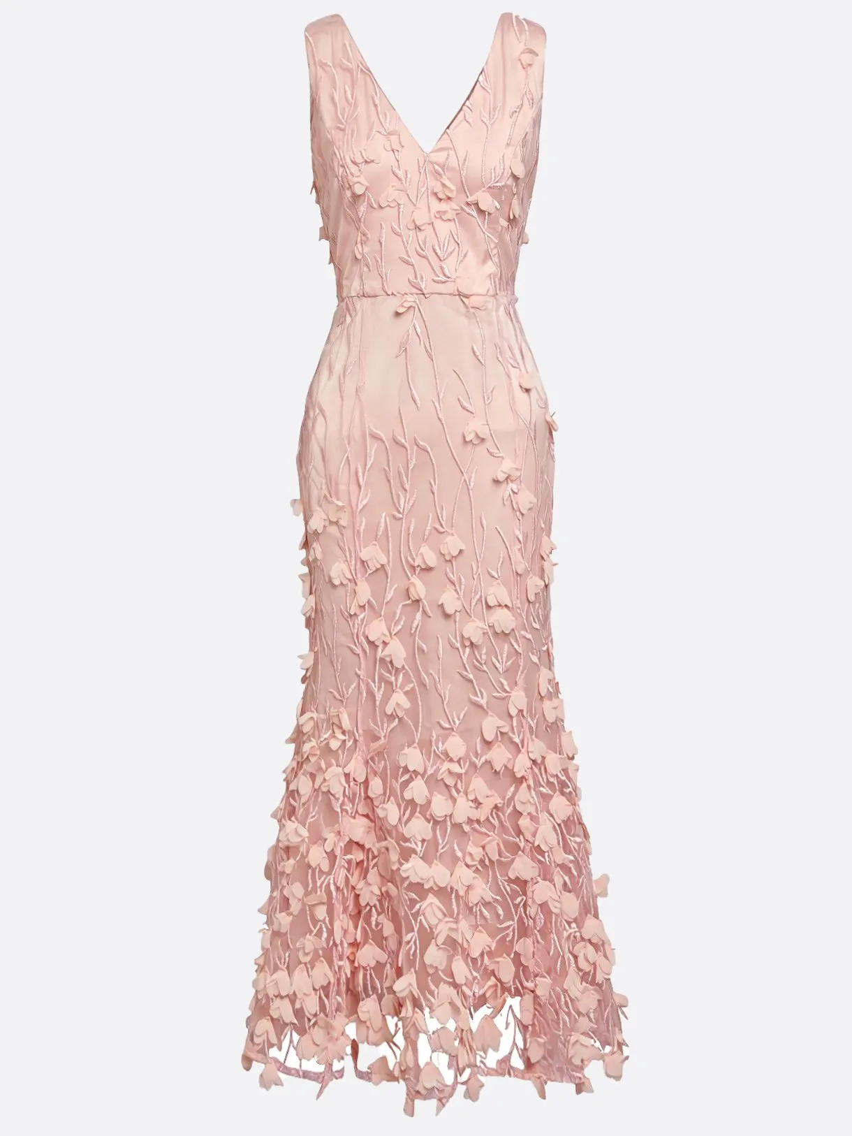 Light Pink 3D Floral Appliqué Embroidery Classic V Neck Sleeveless Mermaid Midi Dress