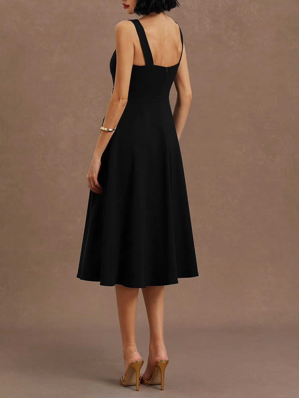 Black Buckle Notched Sleeveless A-Line Midi Dress With Pockets