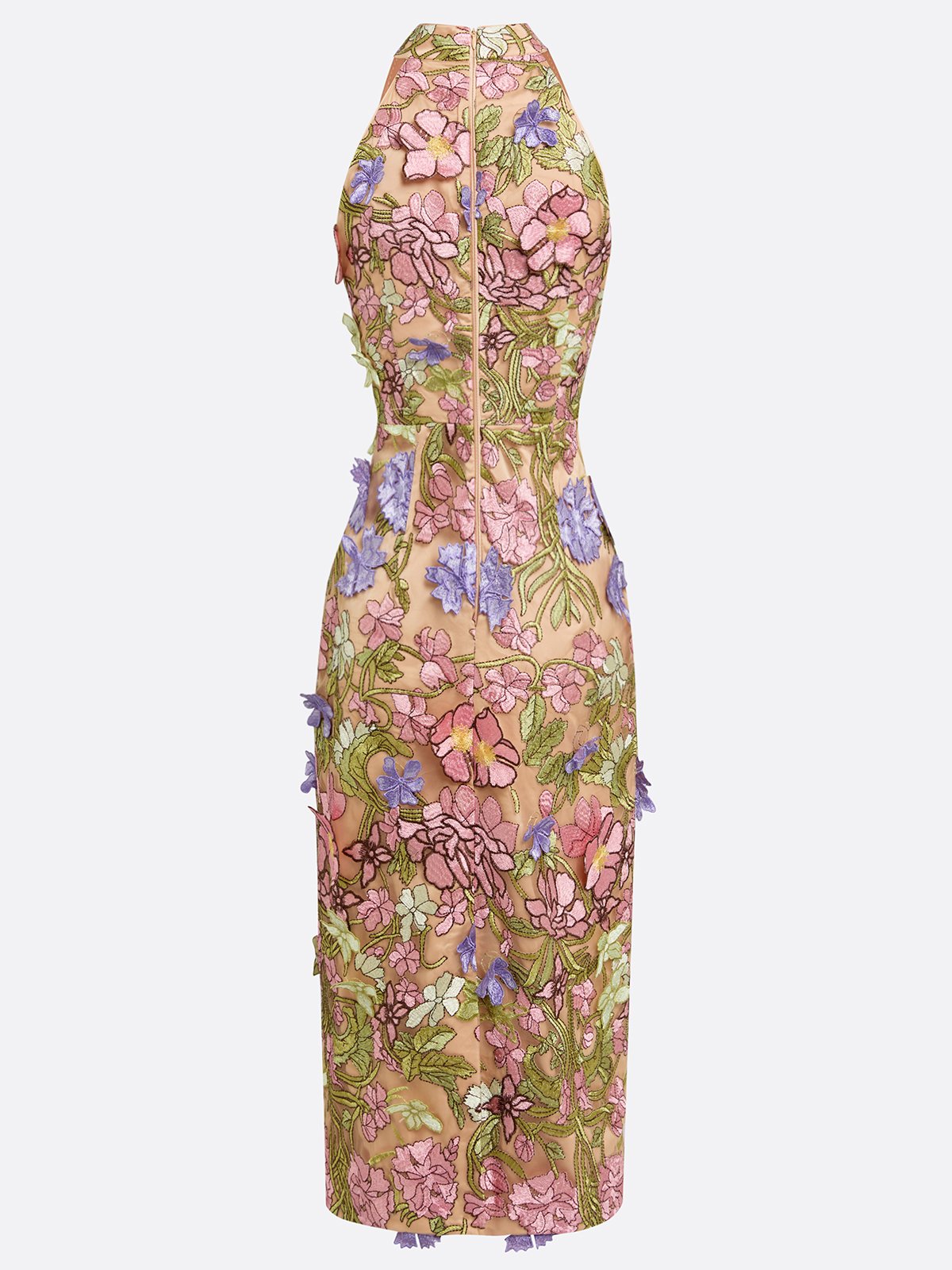 Khaki 3D Floral Appliqué Lace Halter Neck Sleeveless Sheath Midi Dress