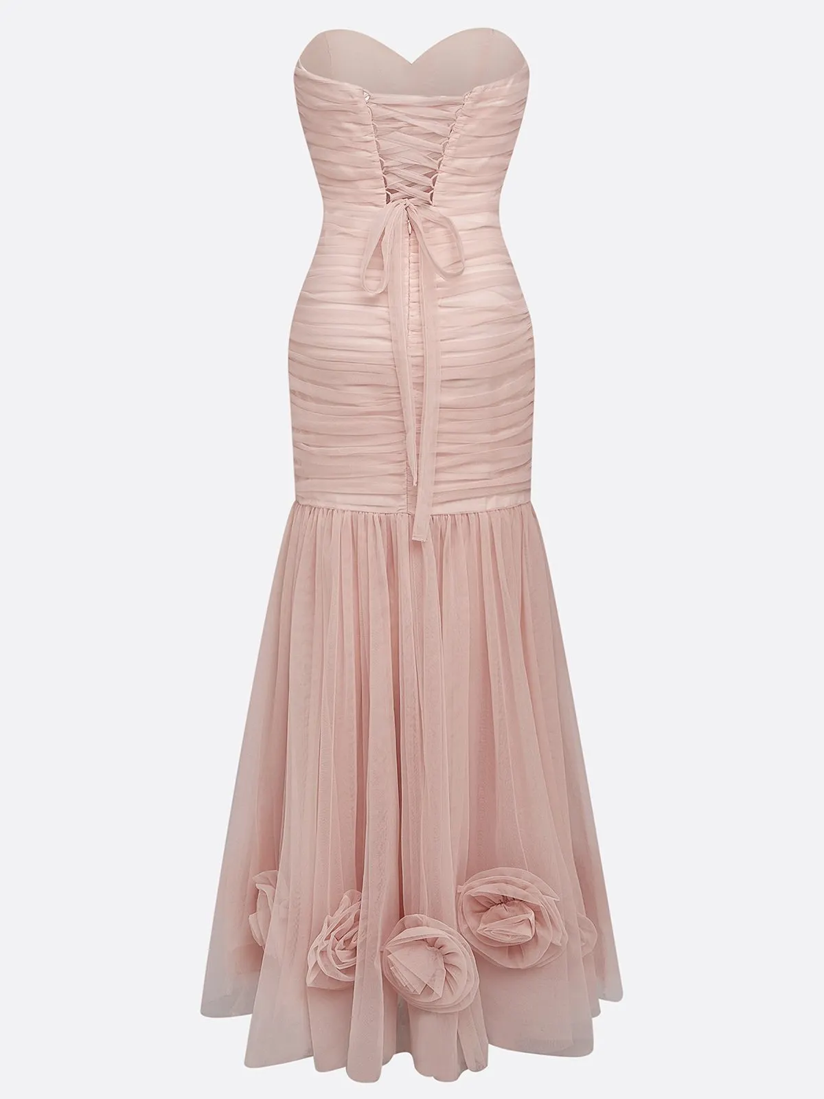 Pink 3D Floral Ruched Tulle Strapless Sleeveless Mermaid Gown Dress