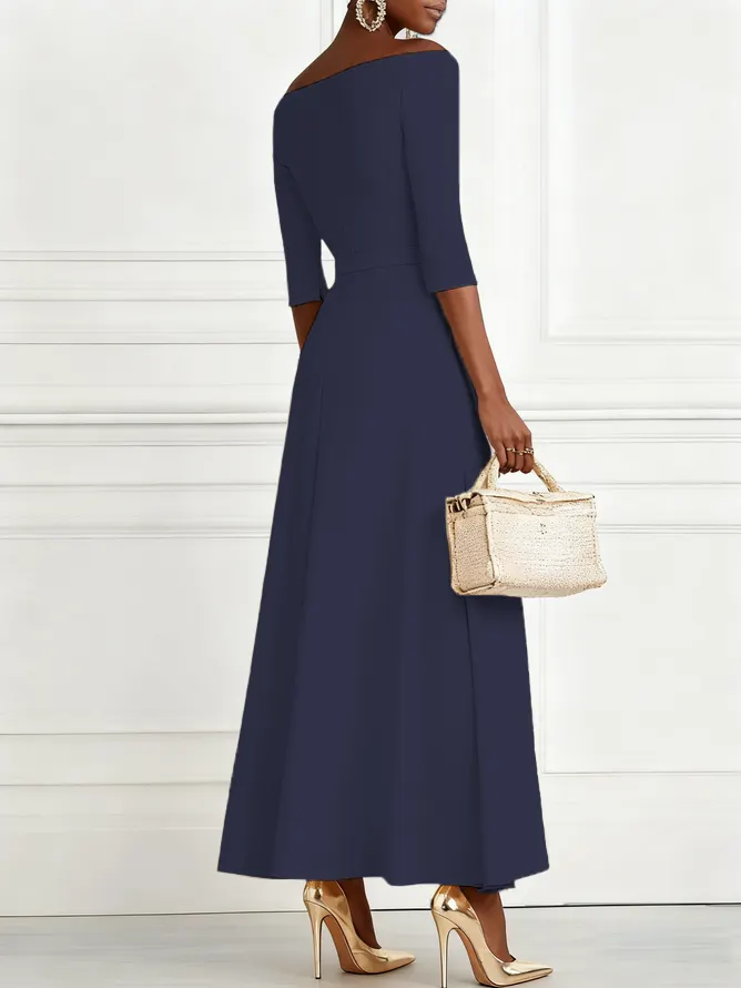 Purplish Blue Classic Off The Shoulder Half Sleeve A-Line Maxi Dress