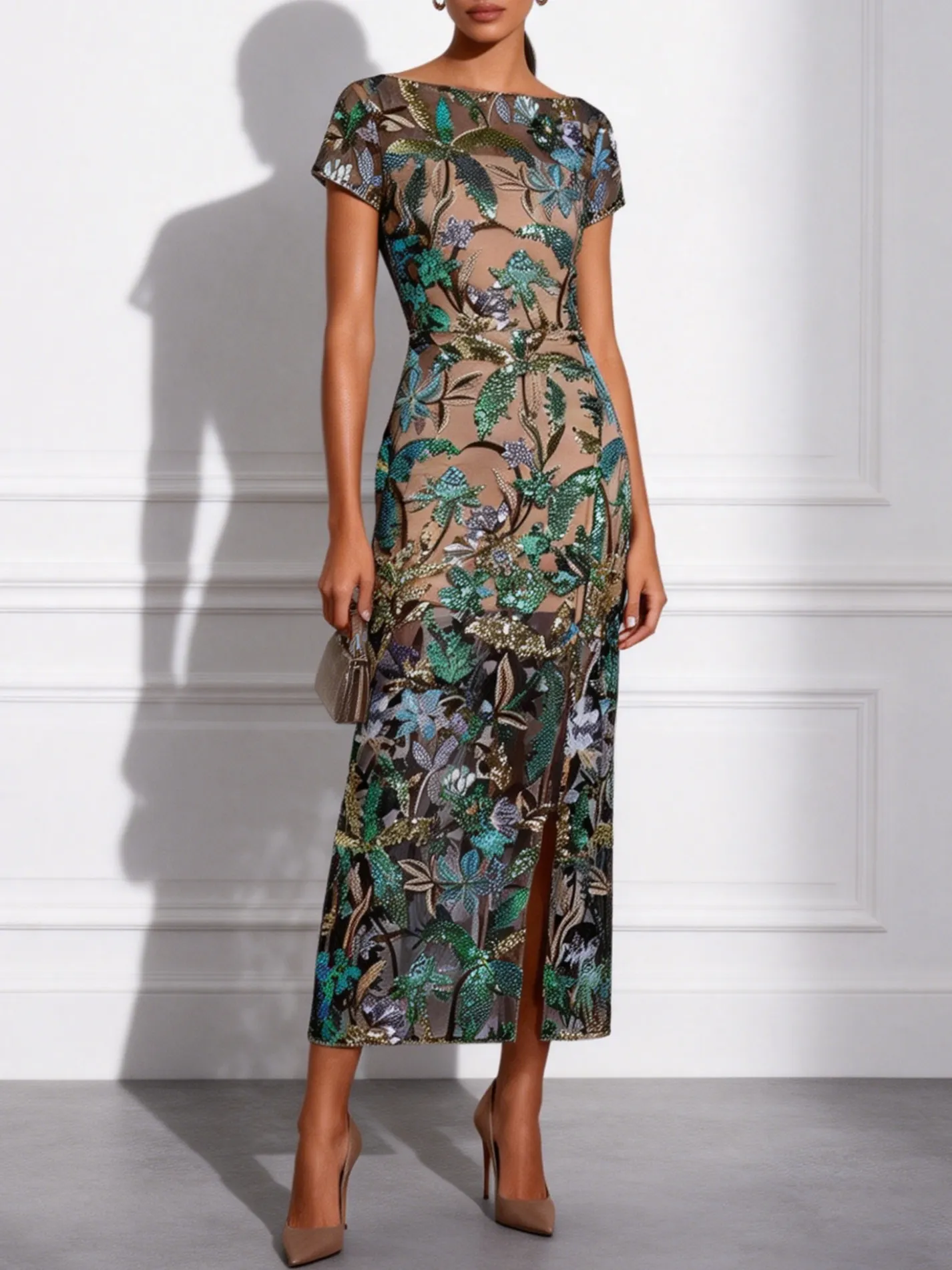 Green Glitter Slit Sequin Boat Neck Short Sleeve Sheath Midi Dress