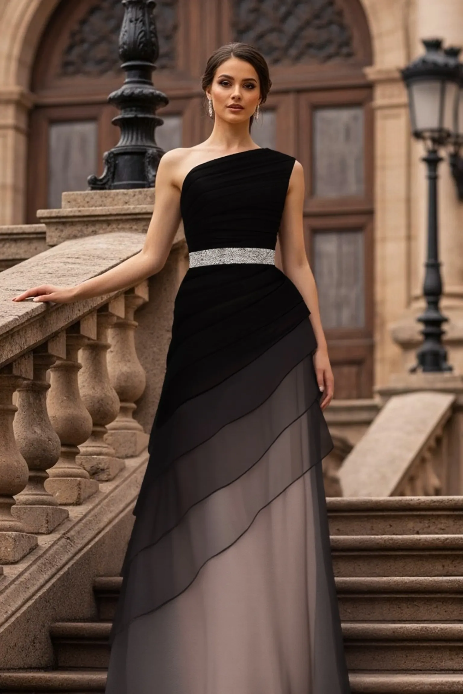 Formal Evening Dress Black One-Shoulder Multi-Layered Silver Belt Maxi Gown