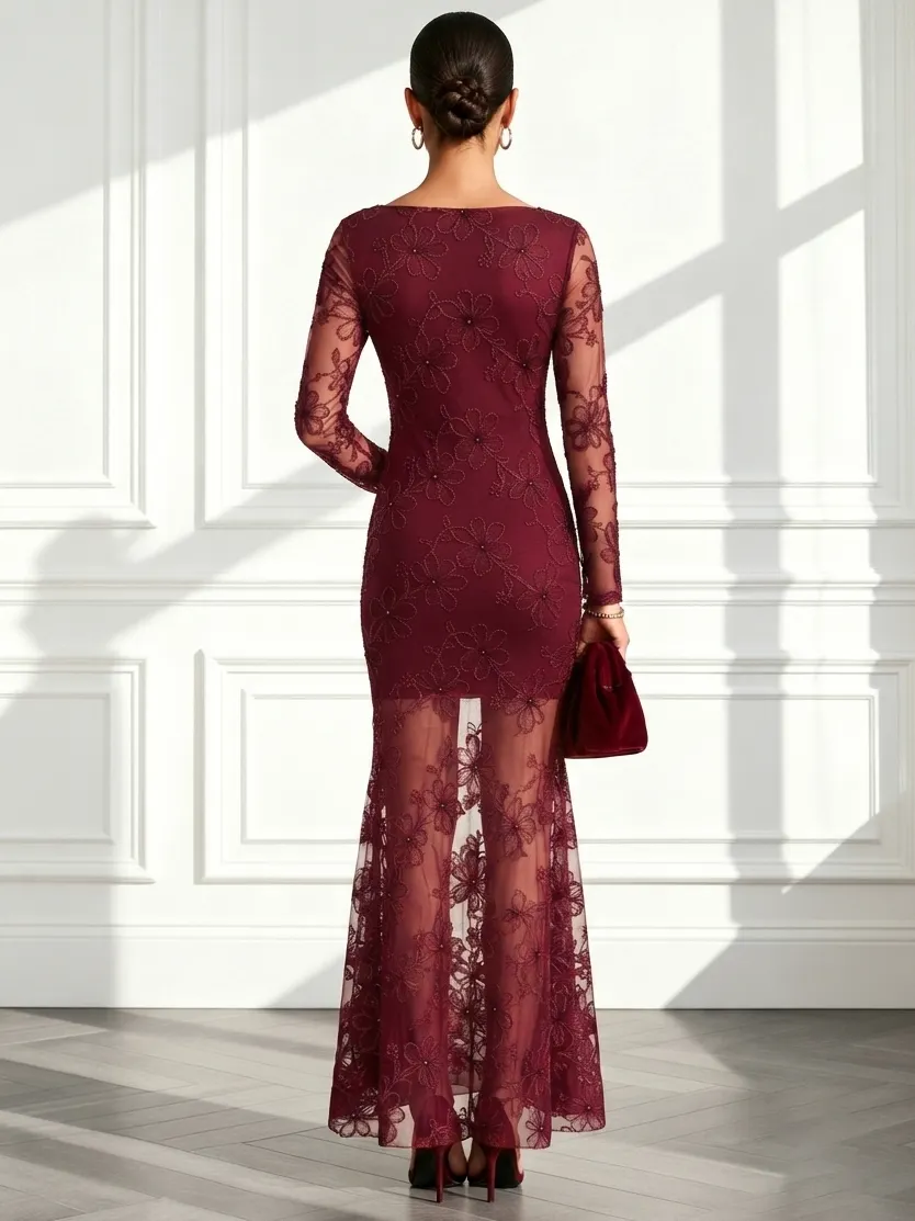 Wine Red Jacquard Lace Boat Neck Long Sleeve Mermaid Maxi Dress