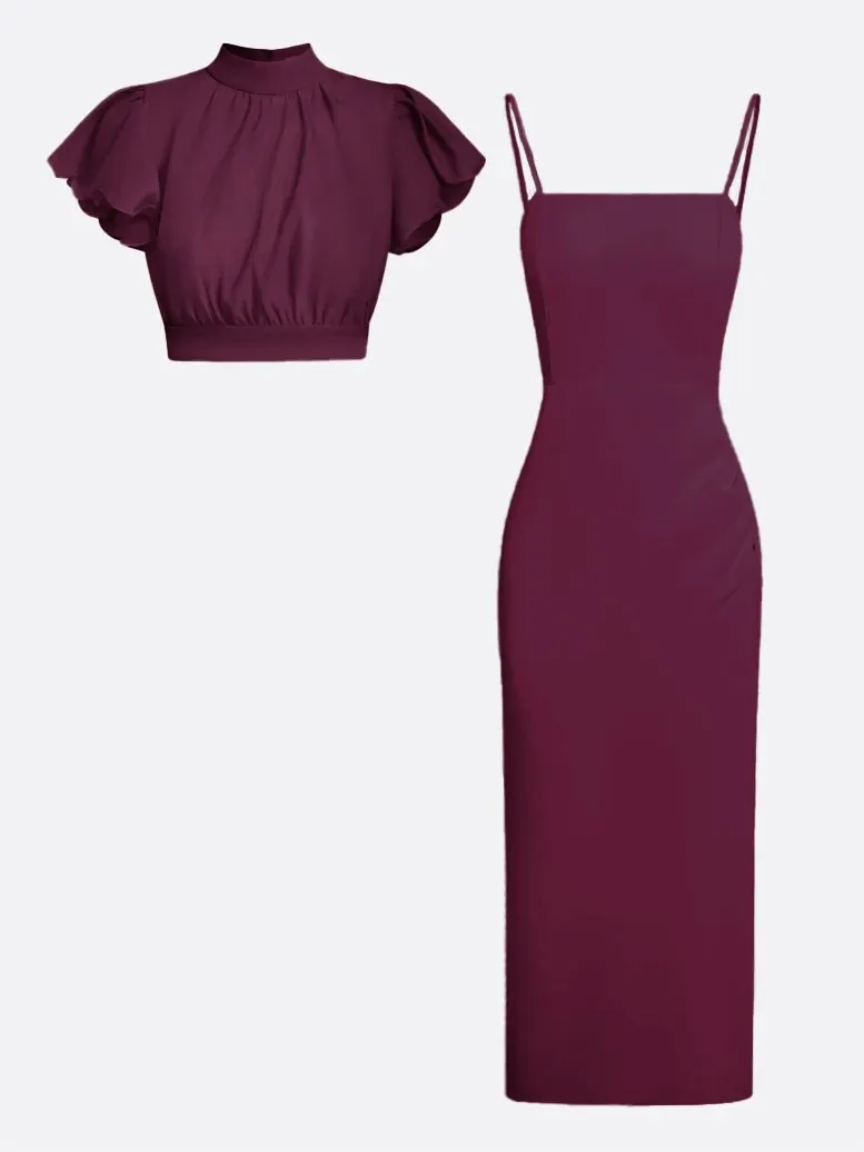 Women Burgundy Mock Neck Short Sleeve Dressy Dress With Top Two-Piece Set