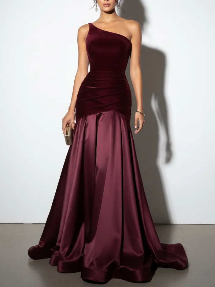 Burgundy Satin Ruched Split Joint Velvet One Shoulder Sleeveless A-Line Gown Dress - Burgundy