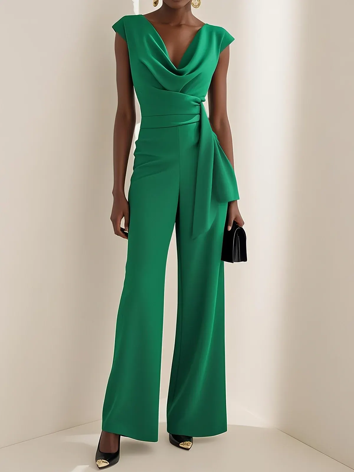 Women Green Ruched Cowl Neck Cap Sleeve Dressy Jumpsuit - Green