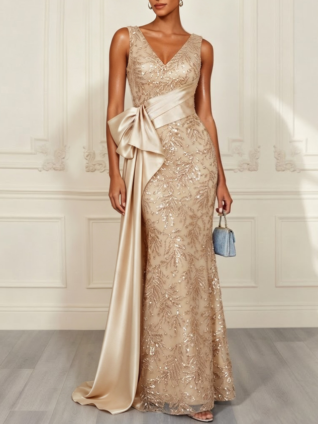 Champagne Lace V Neck Sleeveless Mermaid Gown Dress