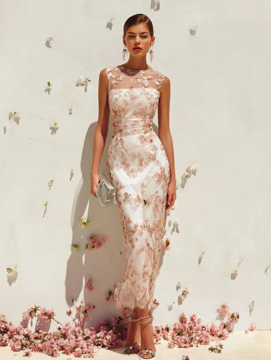 Pink Lace Embroidery Applique Crew Neck Sleeveless Sheath Maxi Dress