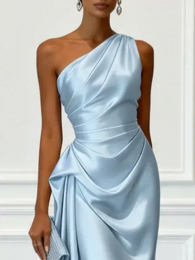 Light Blue Ruched Satin One Shoulder Sleeveless Sheath Midi Dress