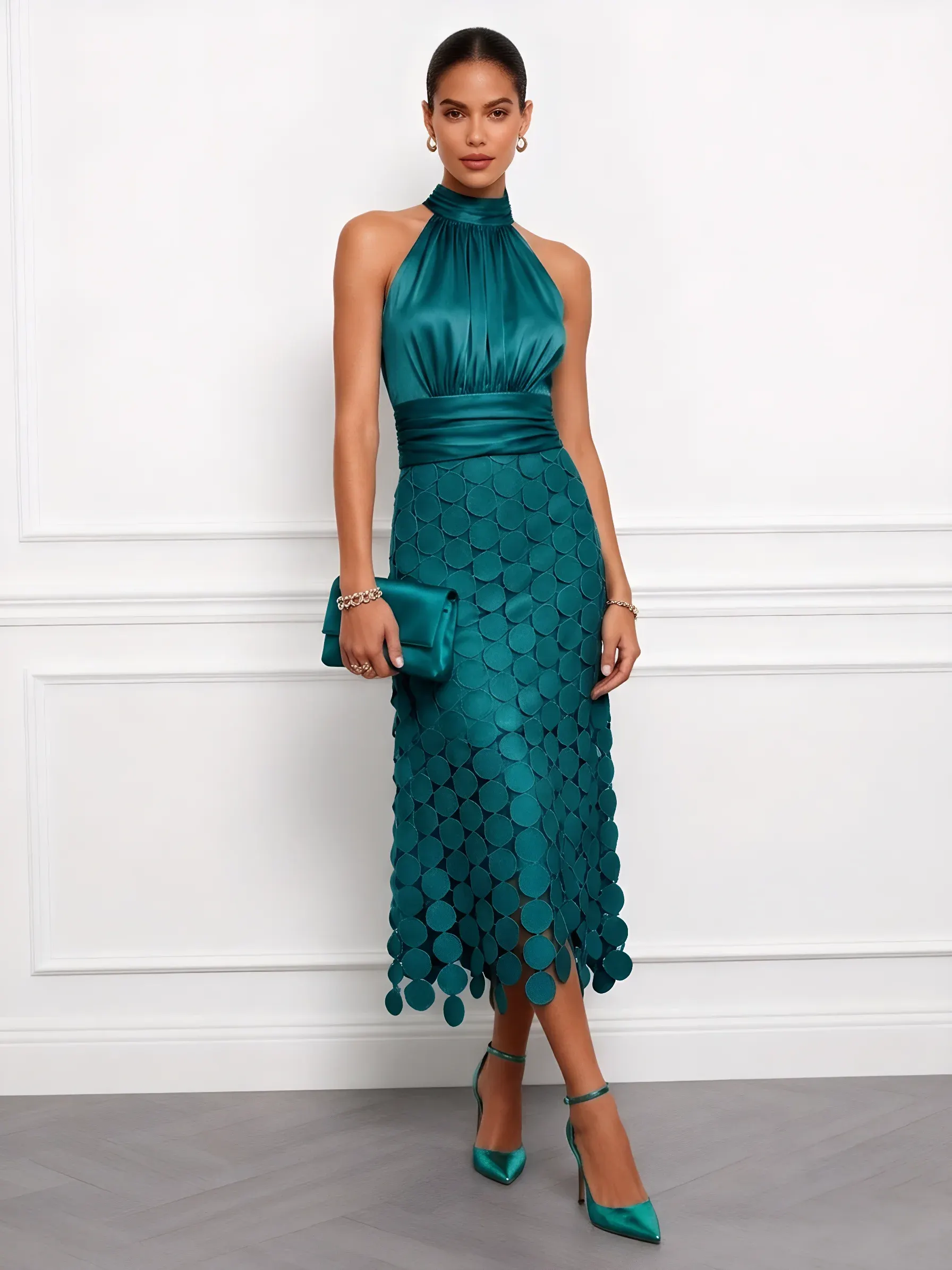 Cyan Ruched Satin Halter Neck Sleeveless A-Line Midi Dress
