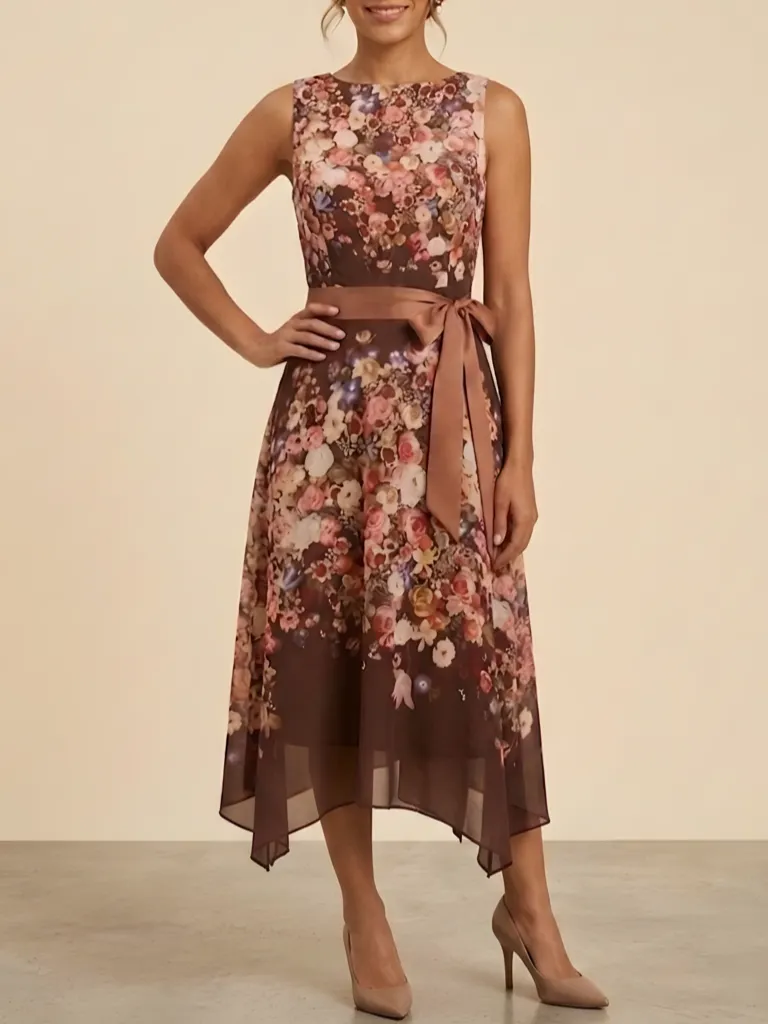 A-Line Floral Midi Chiffon Mother of the Bride Dress