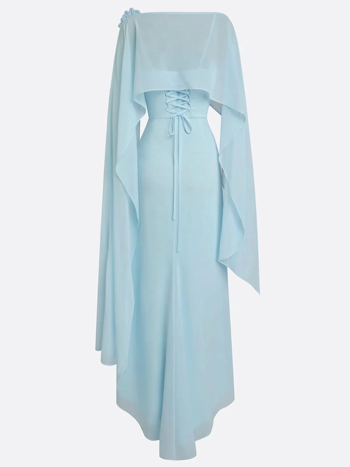 Light Blue 3D Floral Chiffon Boat Neck Cap Sleeve Sheath Gown Dress