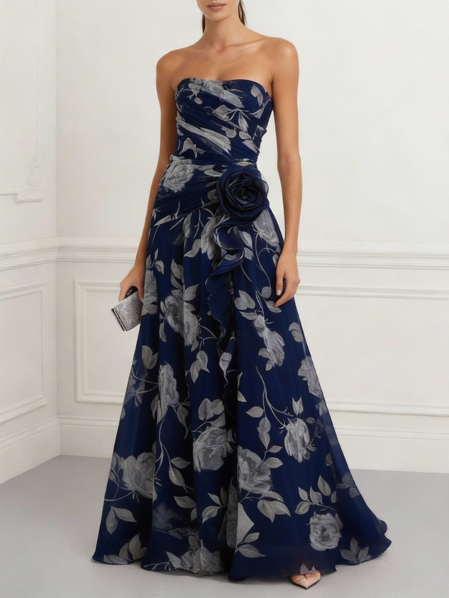 Purplish Blue Floral 3D Floral Tulle Strapless Sleeveless A-Line Floor-length Gown Dress