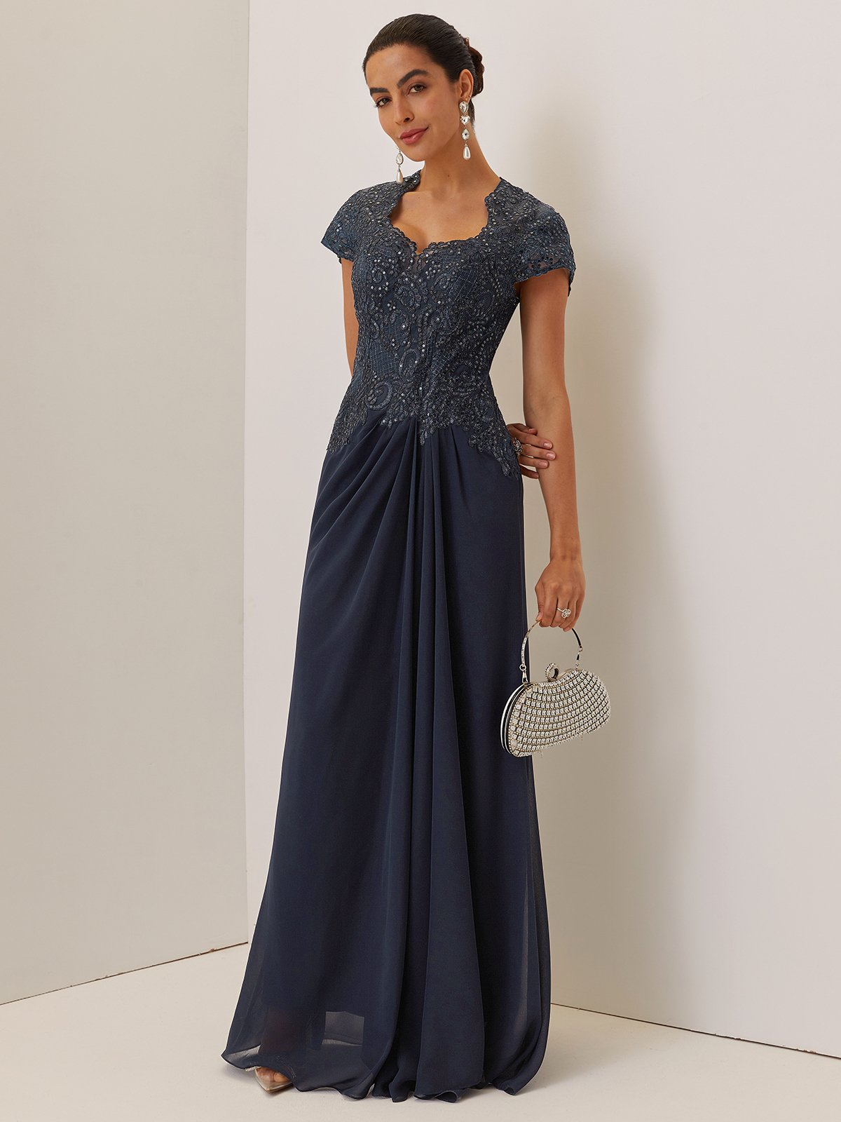 Purplish blue Sequin Lace Chiffon Dress Sweetheart Neckline Short Sleeve A-Line Maxi Mother of the Bride or Groom Dress