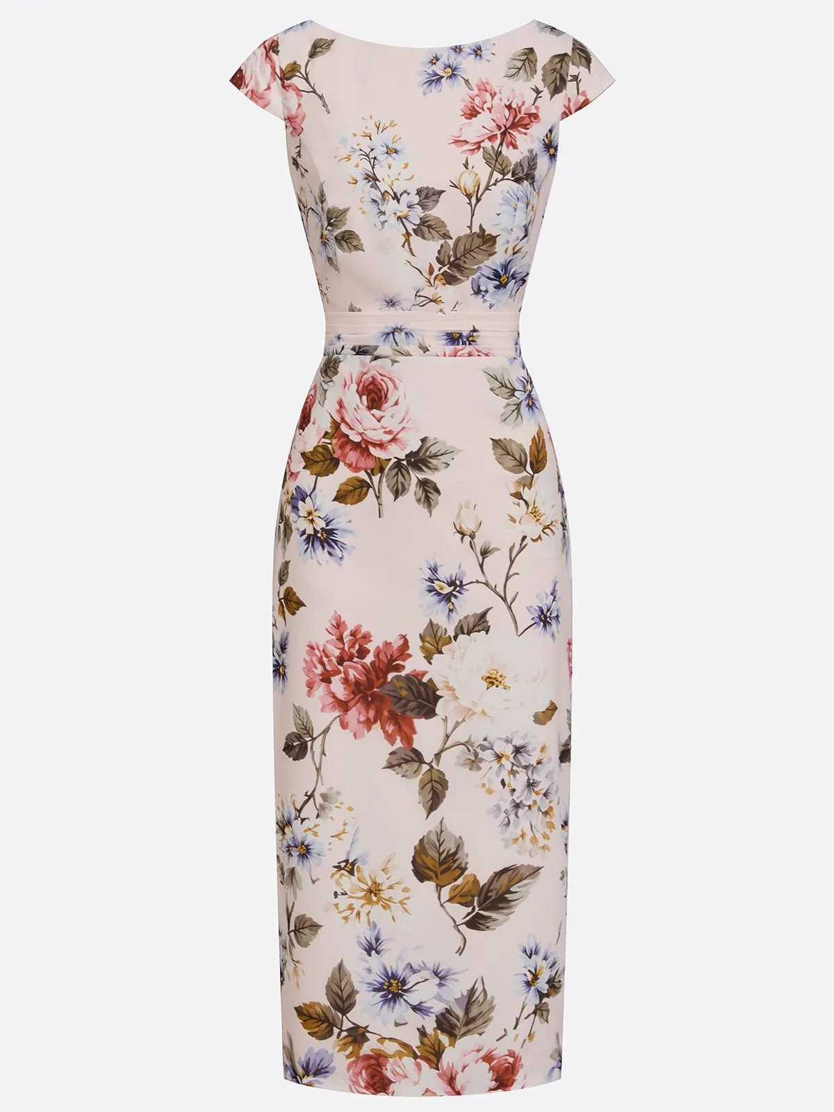 Light Pink Floral Classic Boat Neck Cap Sleeve Sheath Midi Dress