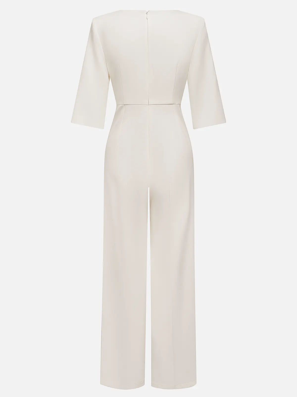 Women White Faux Pearl Slit Boat Neck Half Sleeve Dressy Jumpsuit