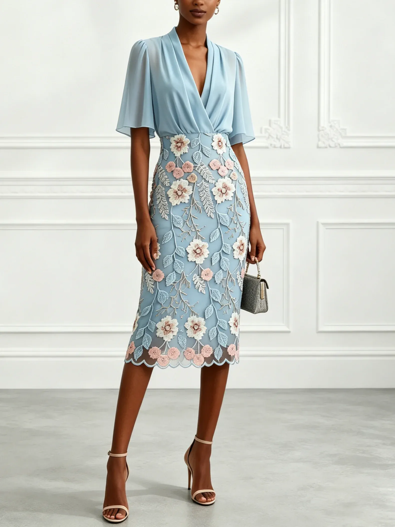 Light Blue Classic V Neck Half Sleeve Bell Sleeve Sheath Midi Dress