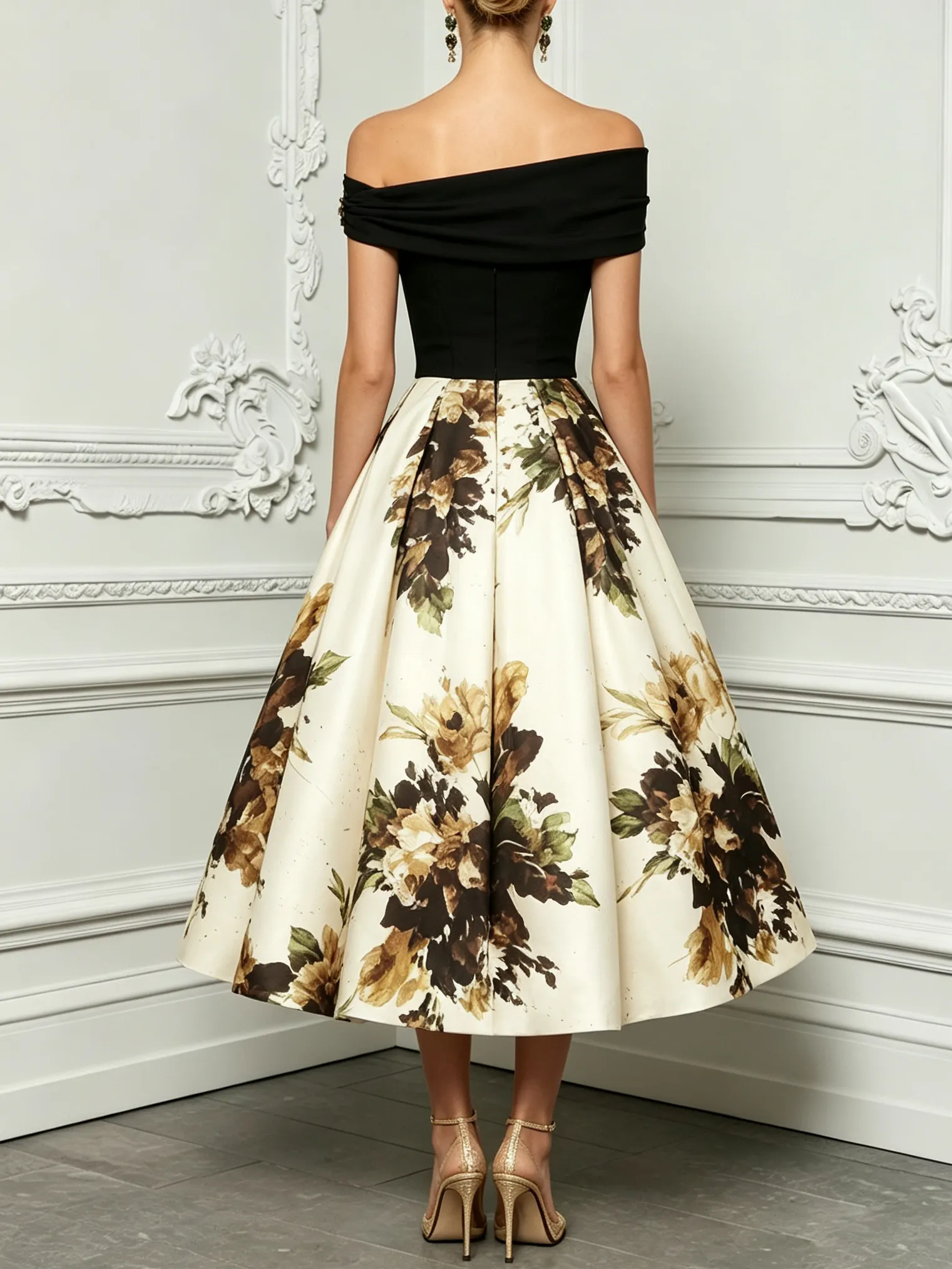 Black Metal Floral Knit Off The Shoulder Short Sleeve A-Line Midi Dress