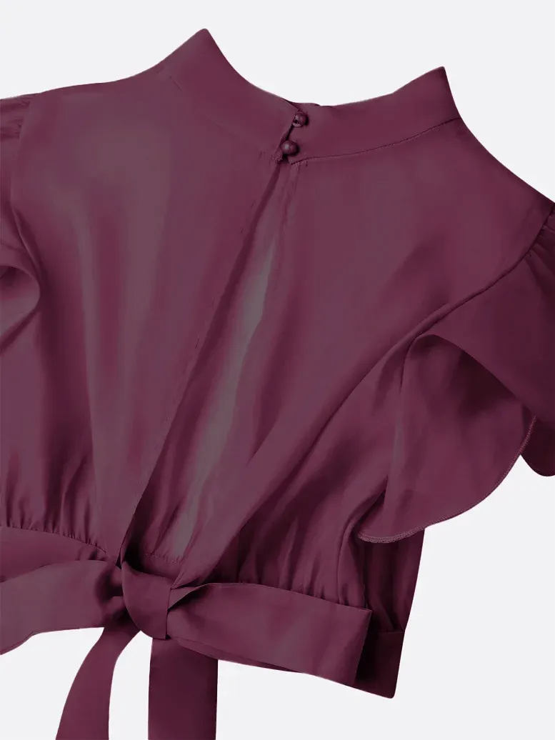 Women Burgundy Mock Neck Short Sleeve Dressy Dress With Top Two-Piece Set