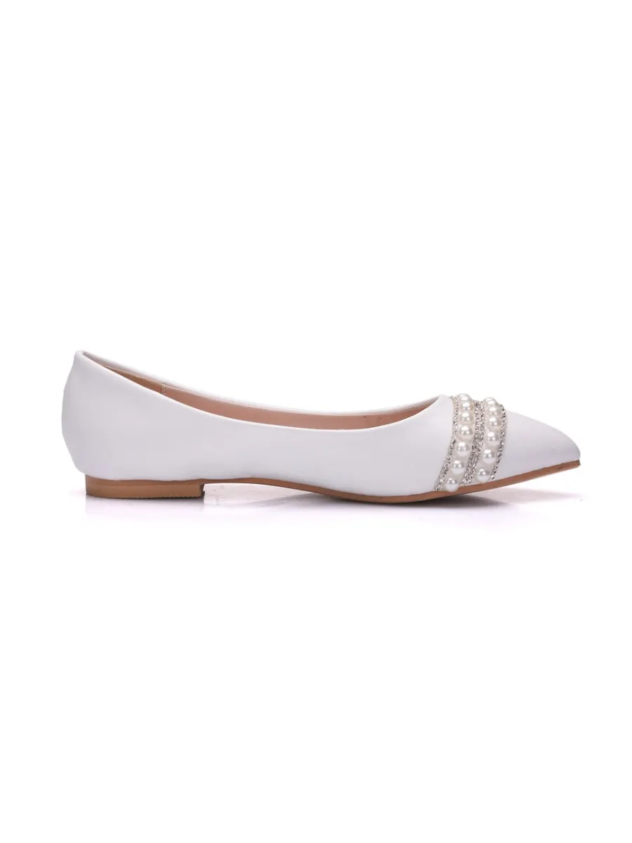 Simple Pu Plain Shallow Comfortable Flat Bridal Shoes Wedding Dress Tassels Pearls Rhinestones Evening Shoes White Women's Shoes