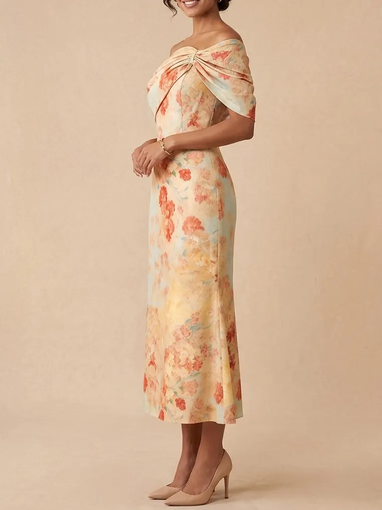 Elegant Floral Off-the-Shoulder Midi Mother of the Bride Dress