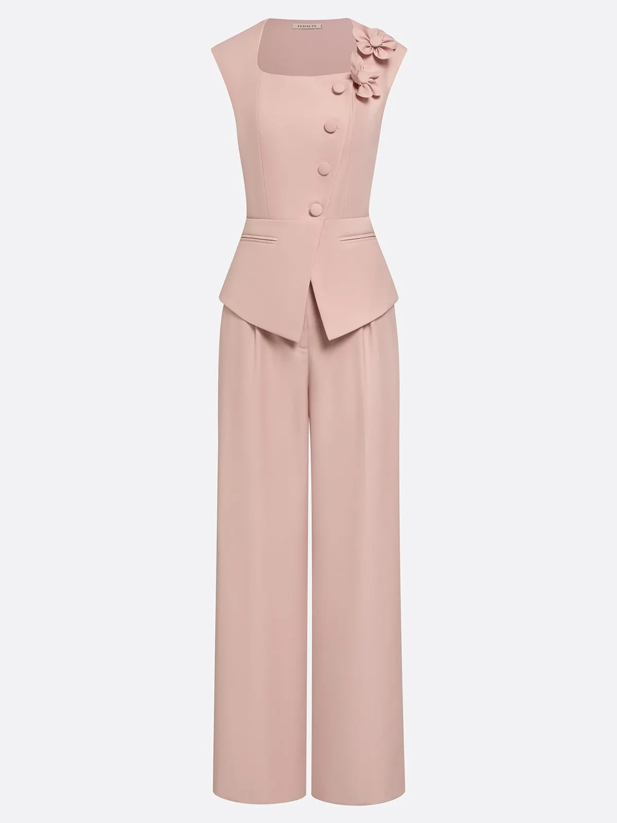Women Pink 3D Floral Square Neck Sleeveless Dressy Top With Pants Two-Piece Set