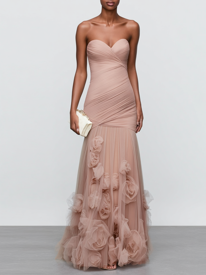 Pink 3D Floral Ruched Tulle Strapless Sleeveless Mermaid Gown Dress - Pink