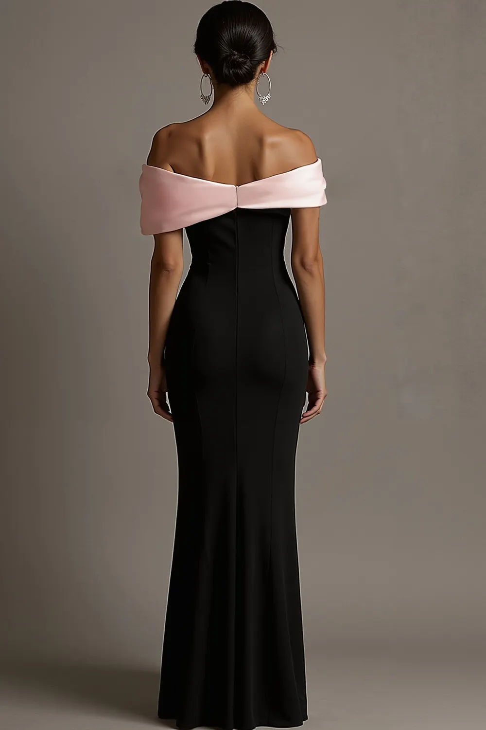 Black and Pink Off the Shoulder Sheath Satin Maxi Evening Dress