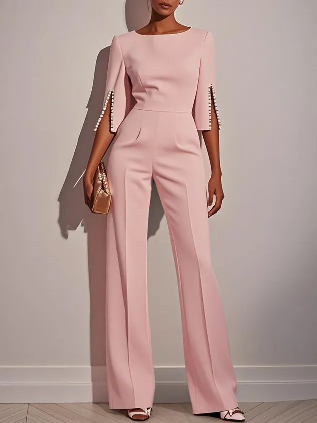 Women White Faux Pearl Slit Boat Neck Half Sleeve Dressy Jumpsuit
