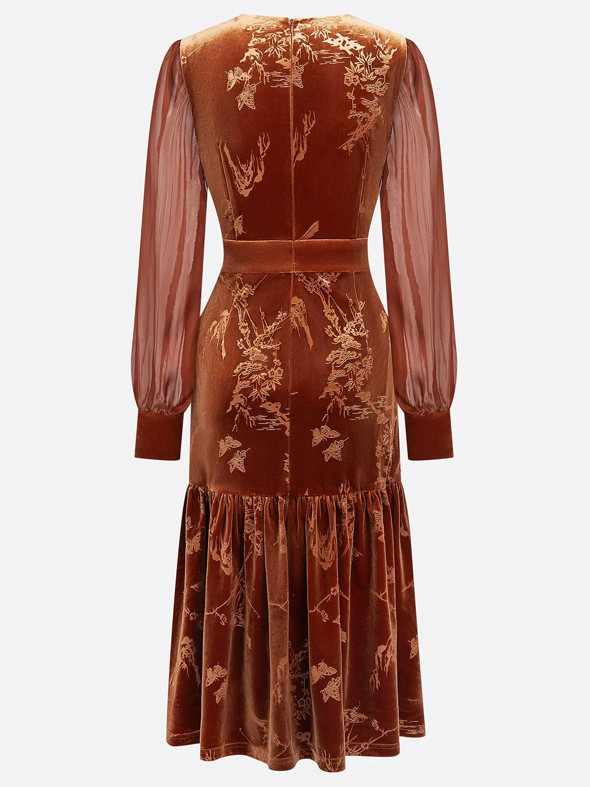 Caramel Brown Mesh Jacquard Velvet Crew Neck Long Sleeve Balloon Sleeve Mermaid Midi Dress