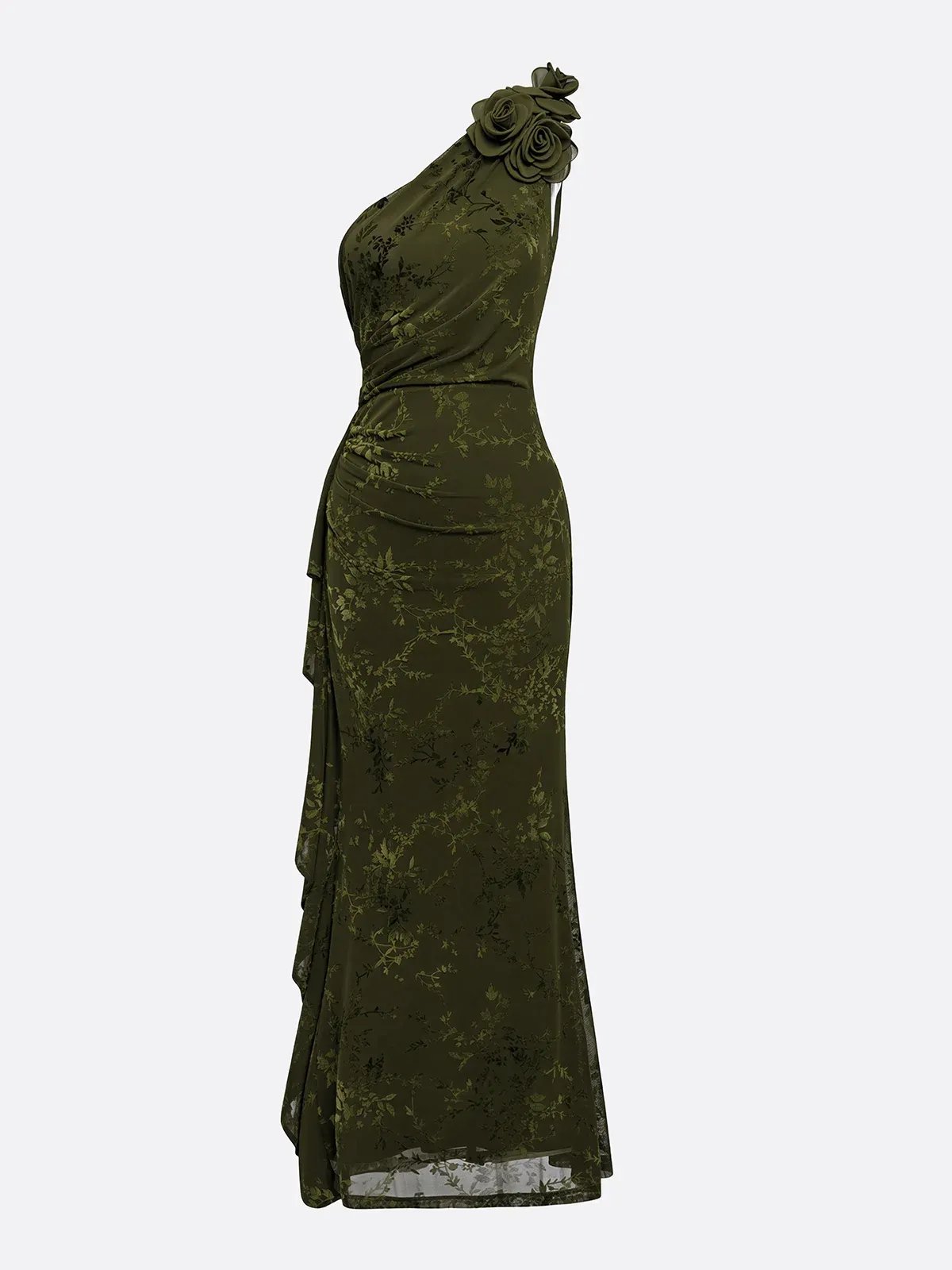 Army Green 3D Floral Ruffled Classic One Shoulder Sleeveless Mermaid Maxi Dress