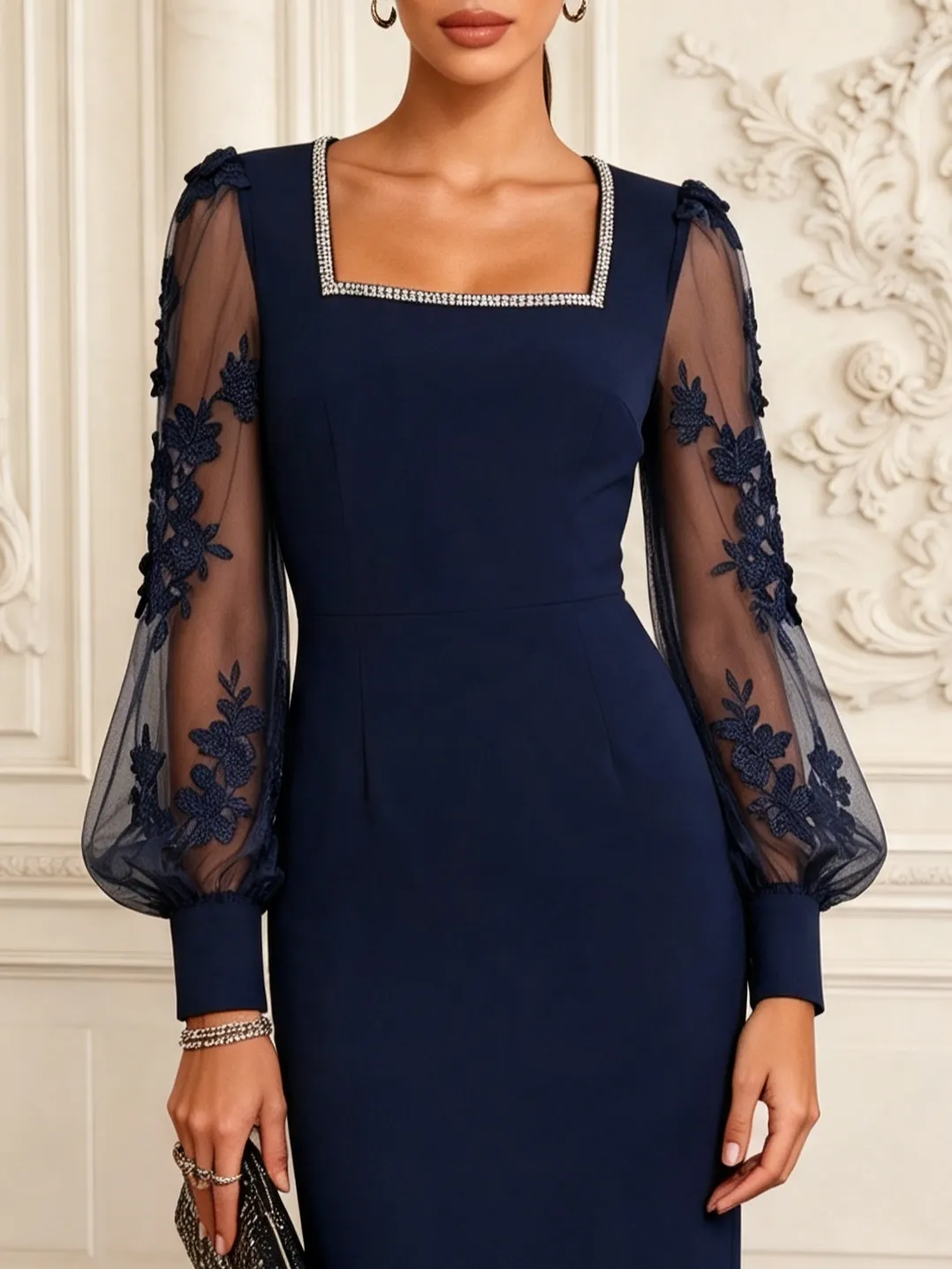 Purplish Blue 3D Floral Rhinestone Classic Square Neck Long Sleeve Balloon Sleeve Sheath Midi Dress
