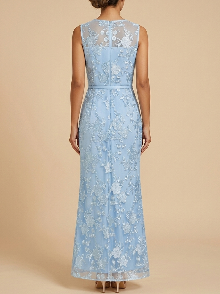 Light Blue Embroidered Lace Mother of the Bride Dress - Elegant A-Line Mesh Maxi Gown - Light Blue