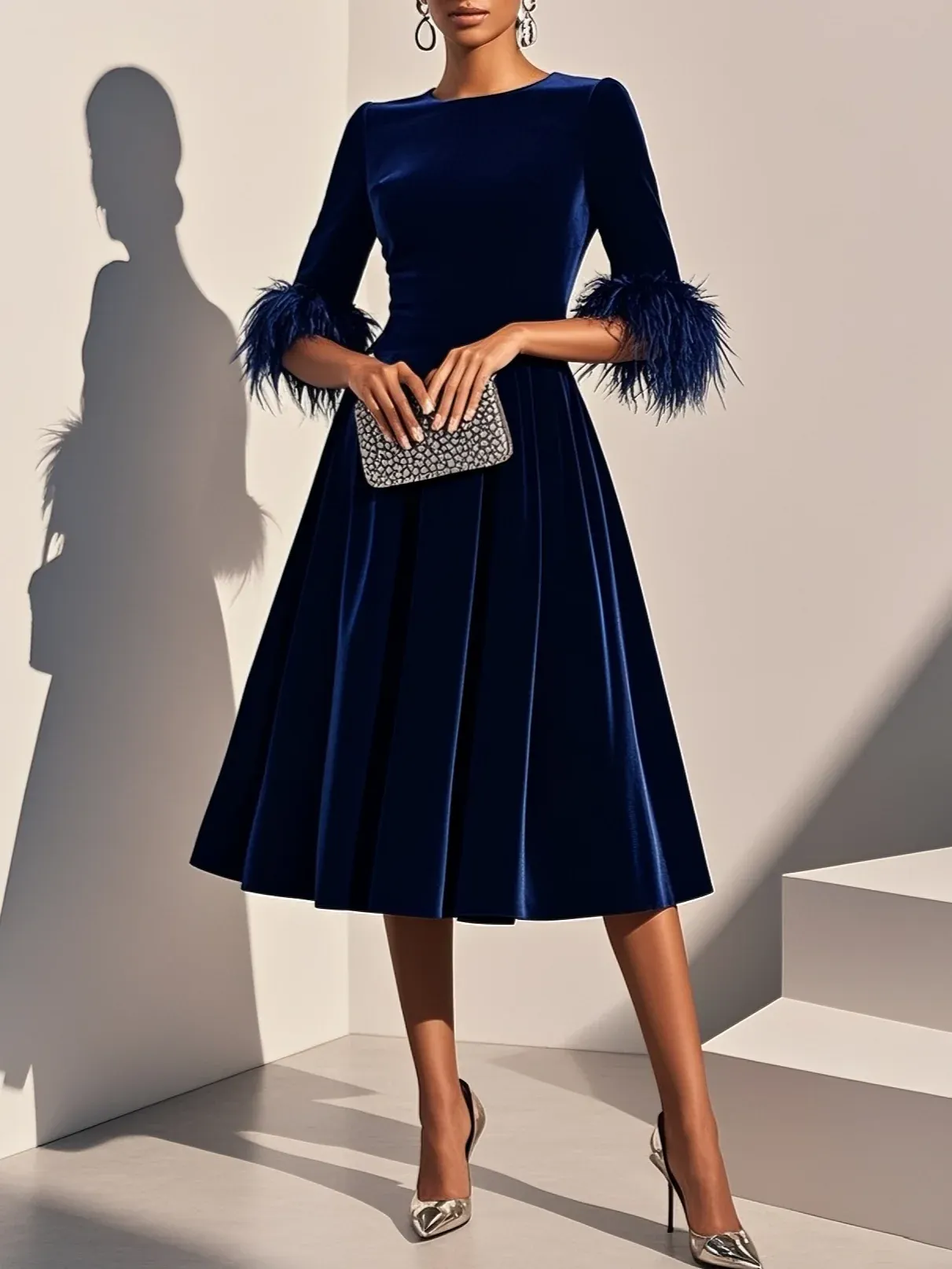 Purplish blue Feather-trimmed Velvet Crew Neck Half Sleeve A-Line Midi Dress - Purplish Blue