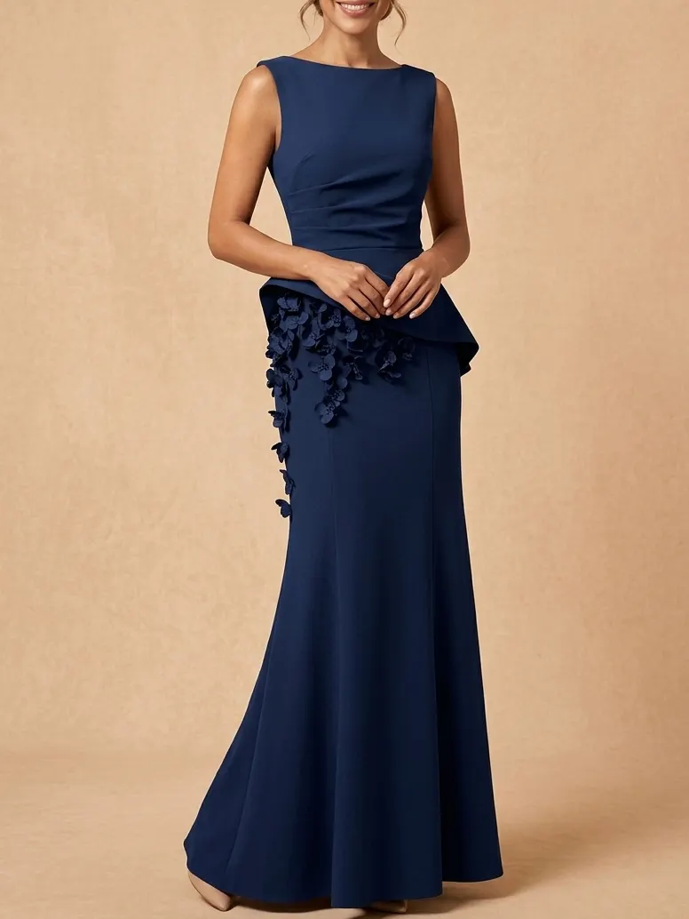Navy Blue 3D Floral Classic Boat Neck Sleeveless Sheath Gown Dress
