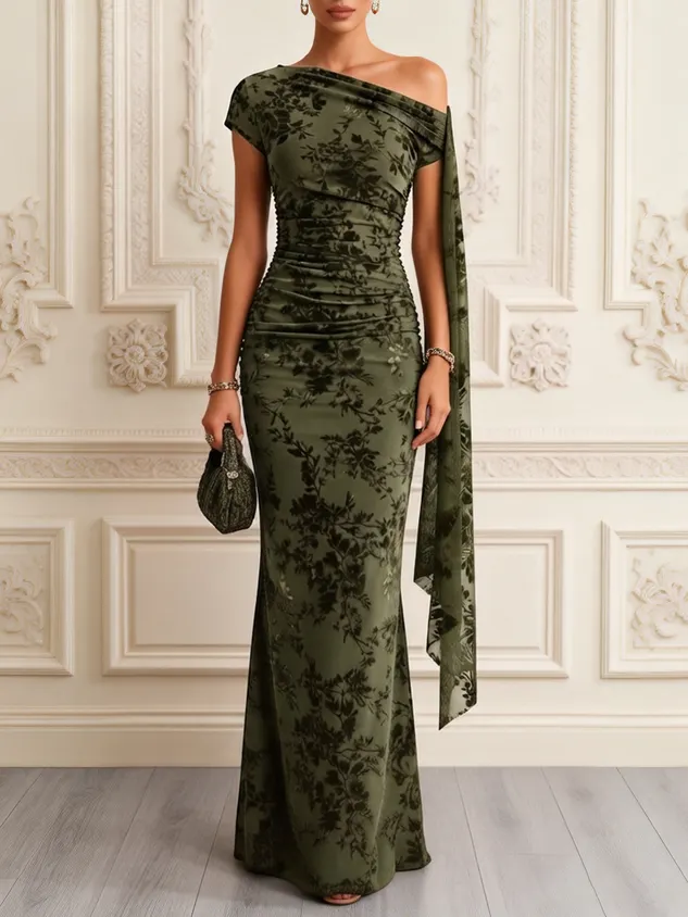 Black Flocked Tulle One Shoulder Short Sleeve Mermaid Floor-length Gown Dress